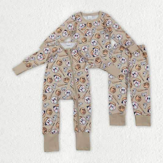 Sibling Baby Boys Smile Baseballs Top Pant Team Pajamas Sets Zipper Footie Rompers