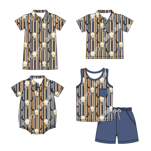 Preorder moq 5 Custom Baby Boys Brown Stripe Short Sleeves Button Pocket Bull Skull Top Short Set Polo Shirts And Rompers