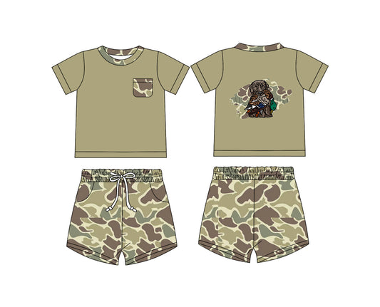 Preorder (moq 5)Baby Boys Duck Dog Hunting Top Green Camo Shorts Clothes Sets