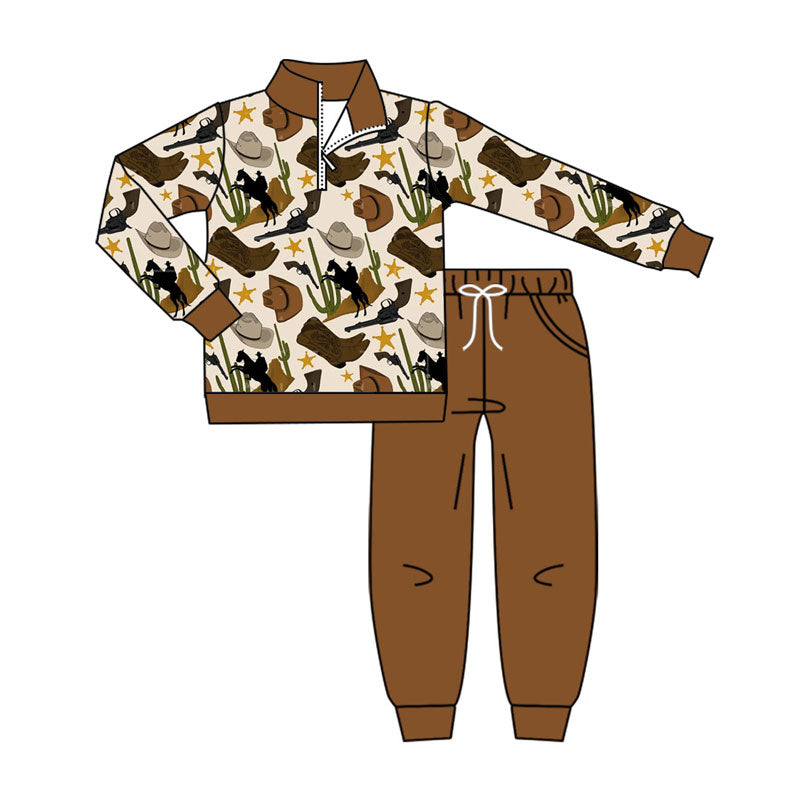 Preorder (moq 5)Baby Boys Hats Horse Rodeos Zipper Pullover Pockets Jogger Western Clothes Sets
