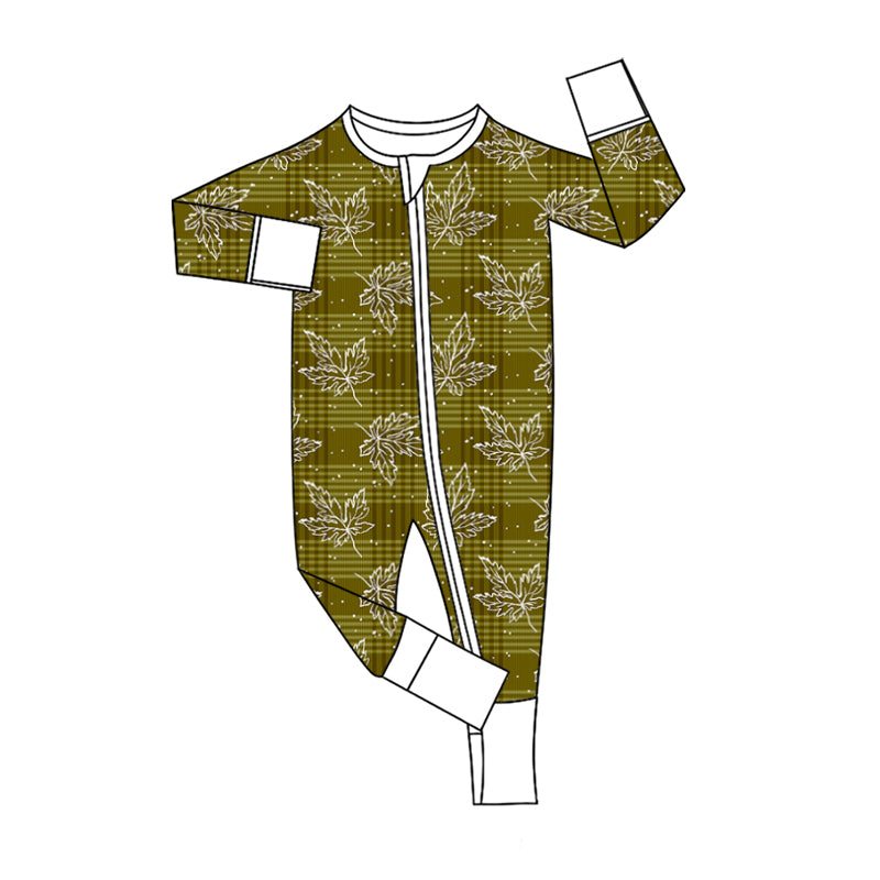 Preorder (moq 5)Baby Boys Green Checked Leaves Fall Two Way Zip Convertible Rompers