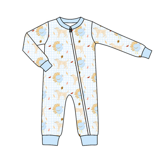 Preorder (moq 5)Baby Boys Dogs Footballs Fall Two Way Zip Convertible Rompers