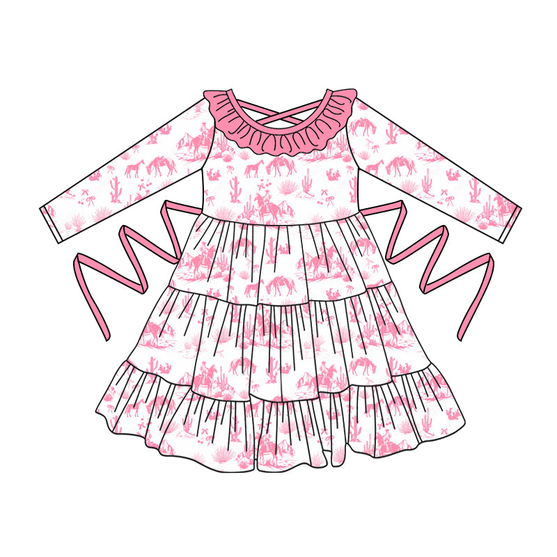 Preorder moq 5 Baby Girls Long Sleeves Pink Horse Rodeos With Belt Ruffle Knee Length Dresses
