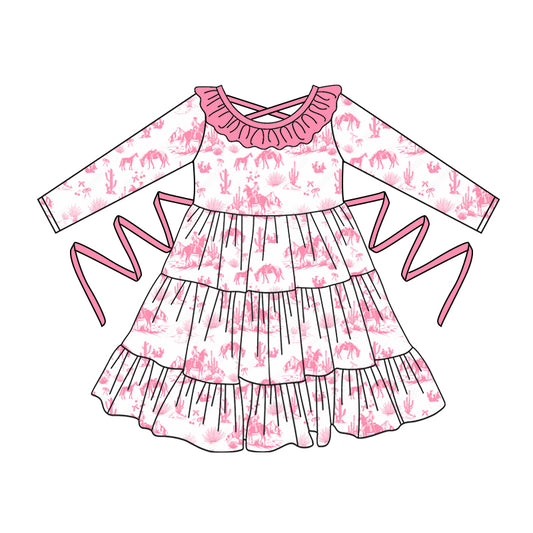 Preorder moq 5 Baby Girls Long Sleeves Pink Horse Rodeos With Belt Ruffle Knee Length Dresses