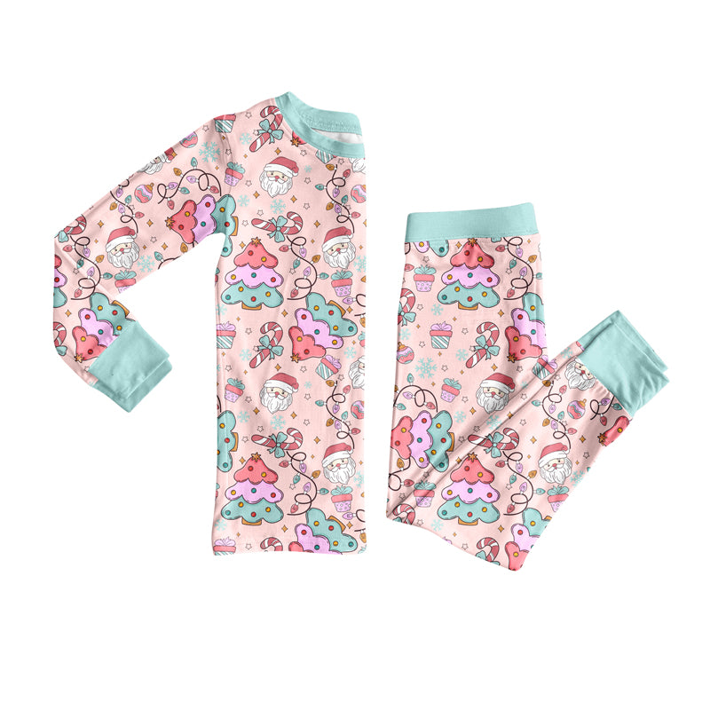 Preorder (moq 5)Baby Girls Long Sleeves Christmas Trees Santa Top Pants Pajamas Set