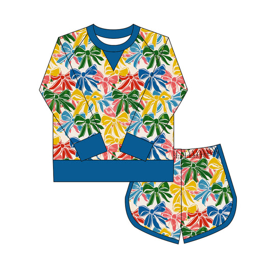 Preorder(moq 8)Baby Girls Colorful Bows Plaid Long Sleeve Top Shorts Clothes Set