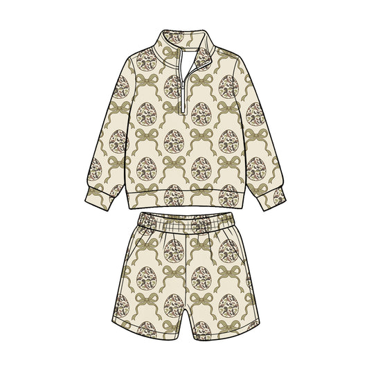 Preorder (moq 5) Baby Boy Clothes Easter Camo Egg Bow Print Long Sleeve Quarter Zip Top Short Set