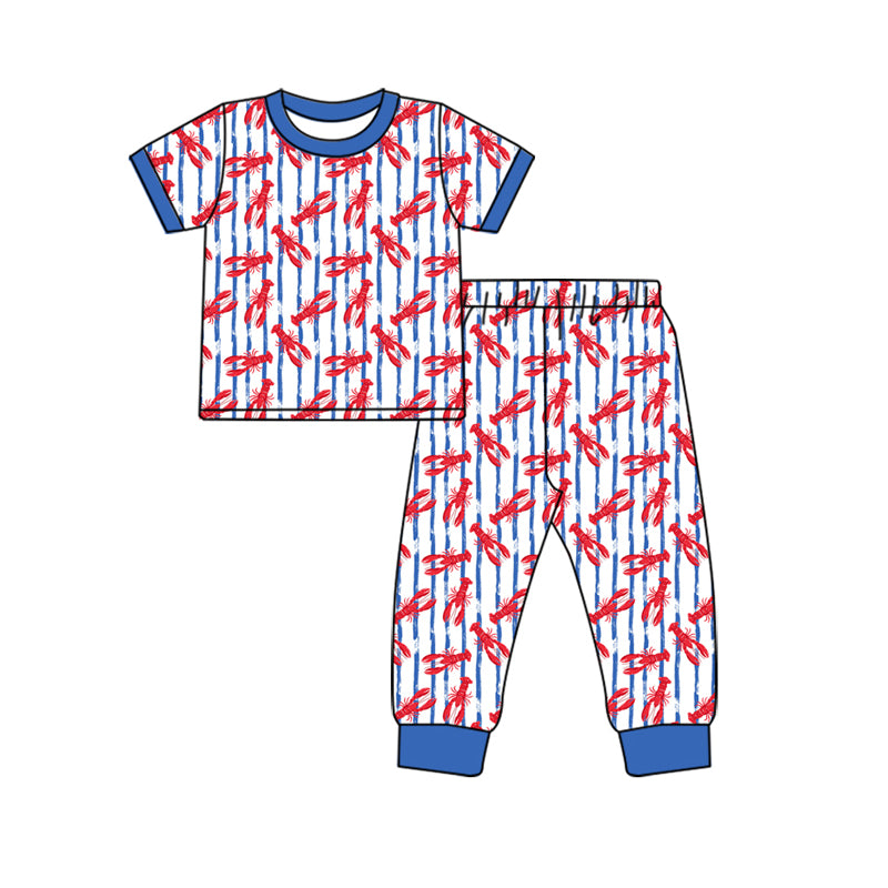 Preorder (moq 5) Baby Girl Crawfish Stripe Print Short Sleeve Top Cuff Pant Outfit Set