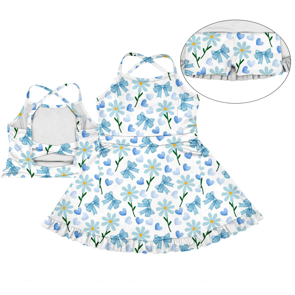 Preorder (moq 5)Baby Girls Blue Strap Bows Flowers Yoga Active Skort Dress