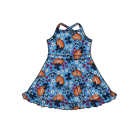 Preorder (moq 5)Baby Girls Strap Hot Blue Hearts Footballs Team Shorts Ruffle Knee Length Dress