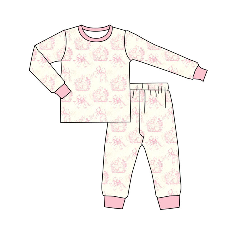 Preorder (moq 5)Baby Girls Pink Flowers Rabbits Top Pants Easter Pajamas Sets