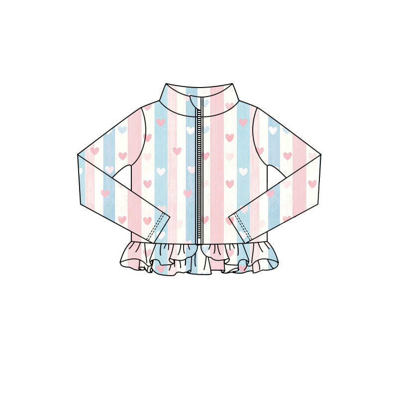 Preorder(moq 5) Baby Girls Pink Blue Stripes Hearts Valentine Zipper Jackets Top