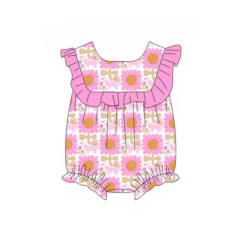 Preorder(moq 5)Baby Infant Girls Pink Sleeveless Flowers Dogs Summer Rompers