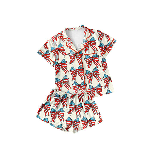 Preorder (moq 5)Baby Girls 4th Of July Bows Buttons Top Shorts Pajamas Sets