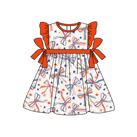 Preorder moq 5 Baby Girls Orange Flutter Sleeves Bows Stars 4th Of July Knee Length Dress