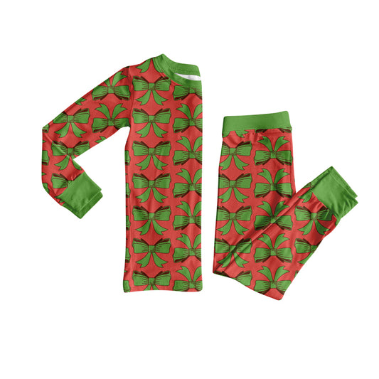 Preorder (moq 5)Baby Girls Green Bows Plaid Top Pant Christmas Pajamas Set