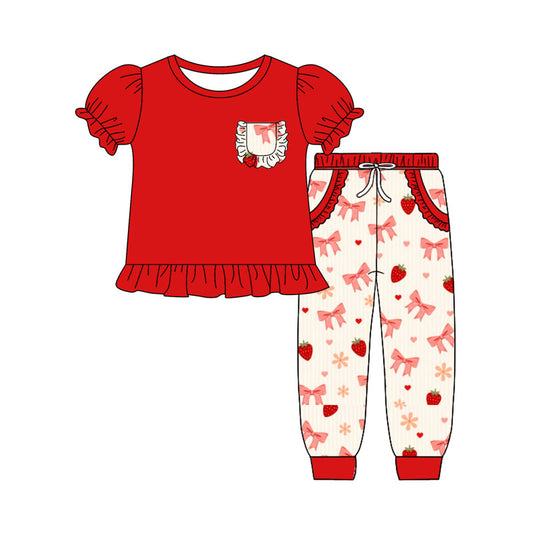 Preorder(moq 8)Baby Girls Red Ruffle Top Bows Strawberry Pockets Pants Valentine Clothes Sets