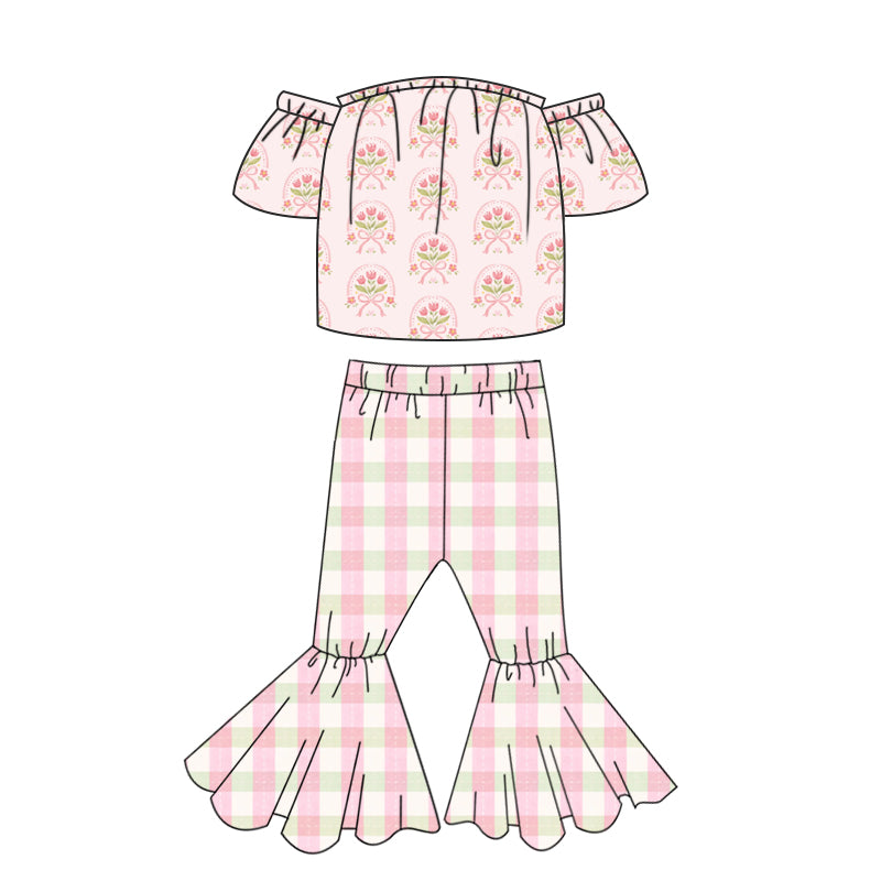Preorder (moq 5)Baby Girls Bows Flowers Top Checked Bell Bottom Pants Clothes Sets