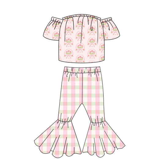 Preorder (moq 5)Baby Girls Bows Flowers Top Checked Bell Bottom Pants Clothes Sets