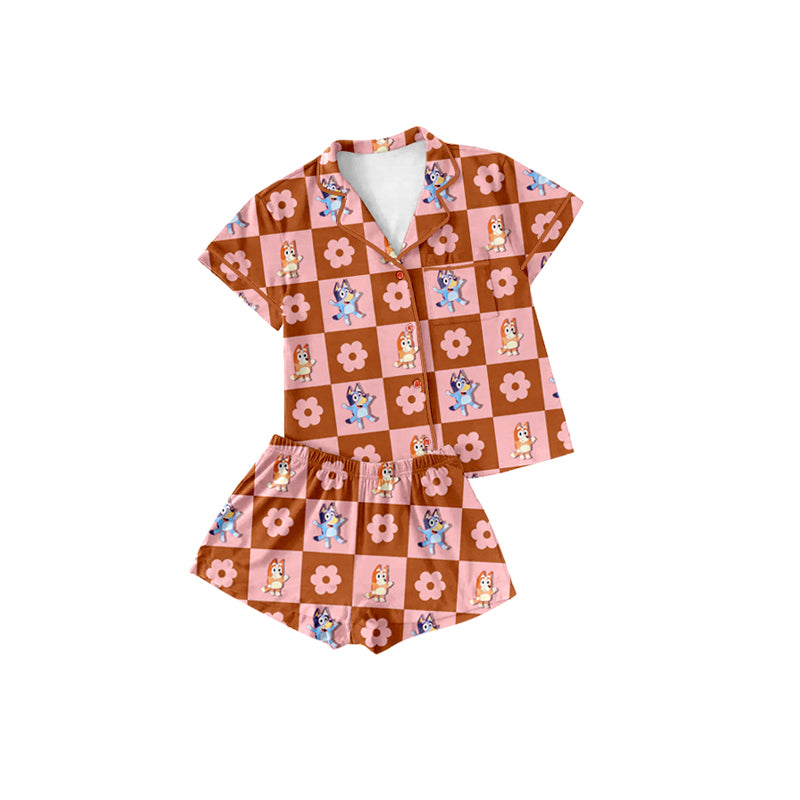 Preorder (moq 5)Baby Girls Red Flowers Dogs Buttons Top Shorts Pajamas Sets