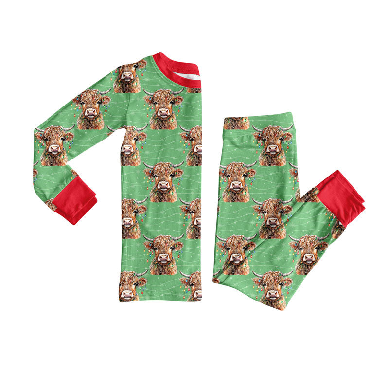 Preorder (moq 5)Baby Boys Lights Highland Cows Top Pants Christmas Pajamas Sets