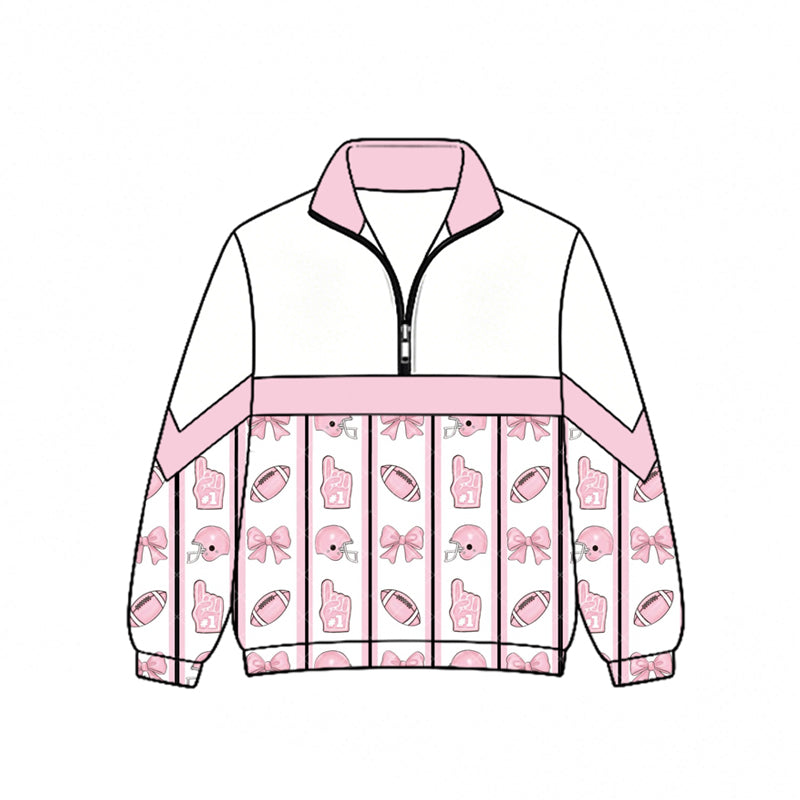 Preorder (moq 5)Baby Girls Bows Footballs Cheer Team Zip Pullovers Top