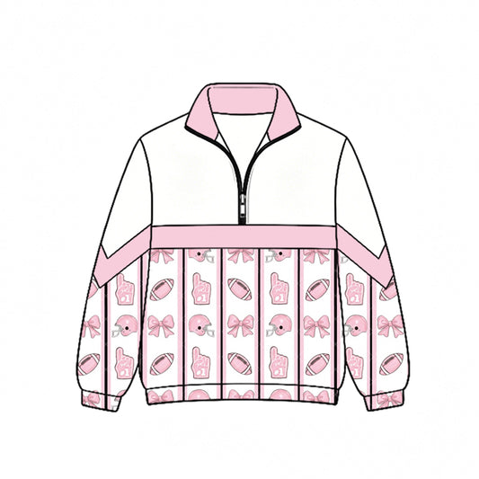Preorder (moq 5)Baby Girls Bows Footballs Cheer Team Zip Pullovers Top
