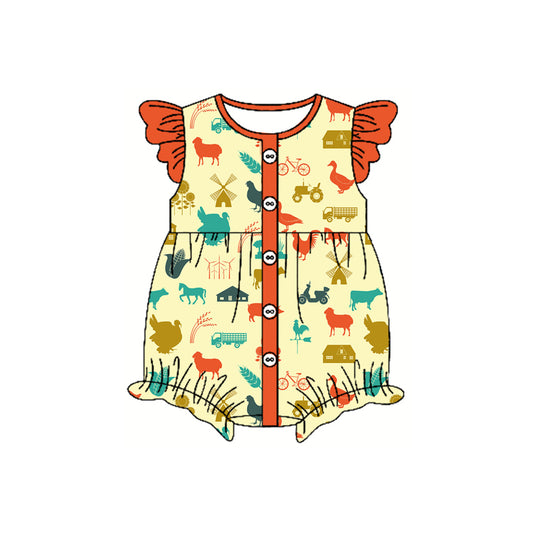 Preorder(moq 5)Baby Infant Girls Orange Flutter Sleeves House Chick Button Farm Rompers