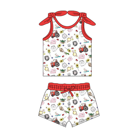 Preorder (moq 5)Baby Girls Red Farm Trucks Bows Summer Shirt Top Shorts Clothes Sets