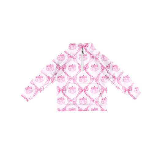 Preorder (moq 5)Baby Girls Long Sleeves Pink Bows Pumpkins Plaid Pocket Zipper Pullovers Top