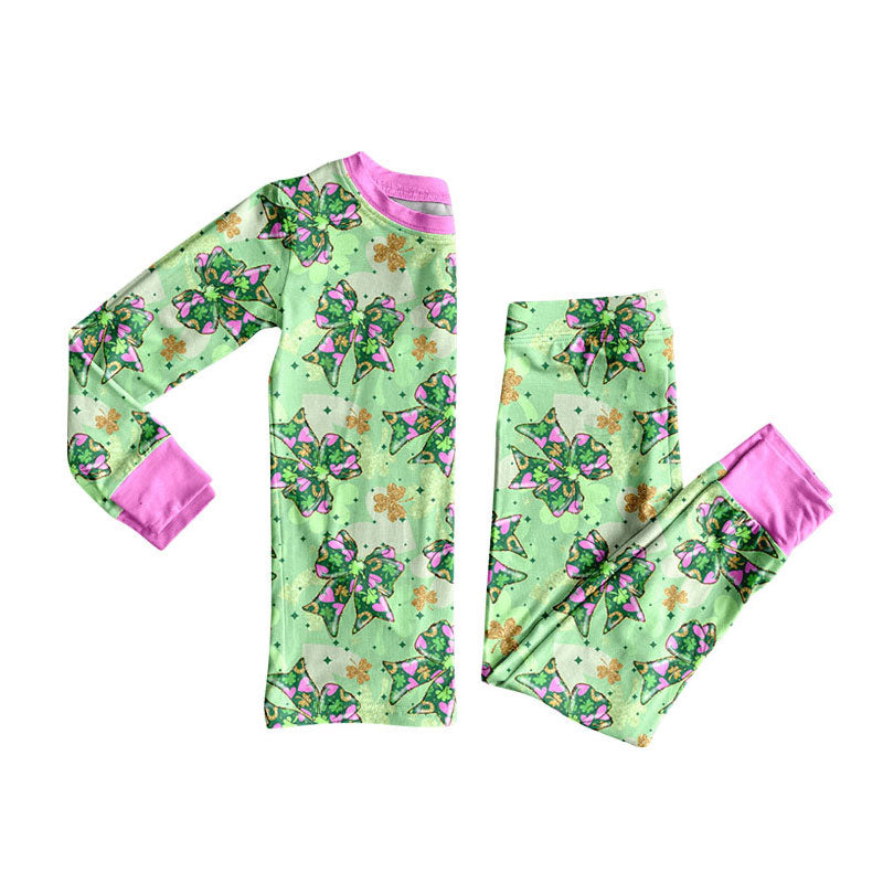 Preorder (moq 5)Baby Girls Clovers Bows Top Pants St Patrick Pajamas Sets