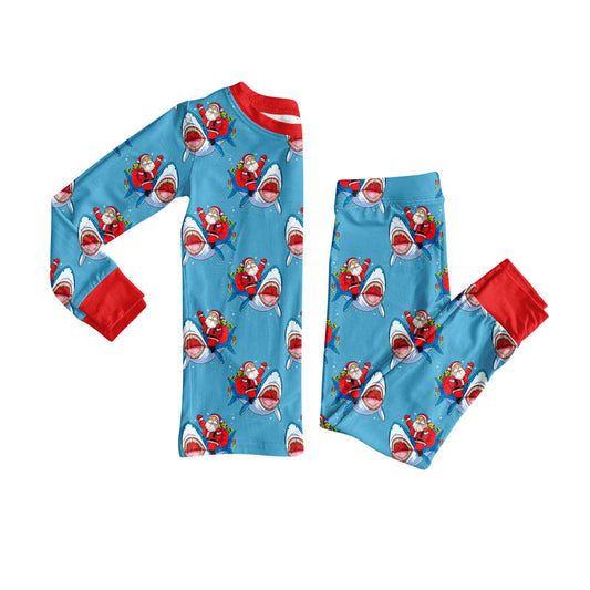 Preorder(moq 8)Baby Boys Santa Sharks Top Pants Christmas Pajamas Sets