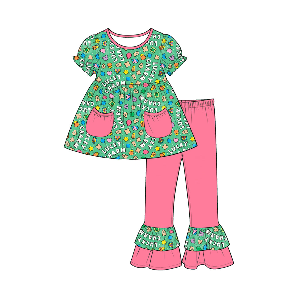 Preorder (moq 5) Baby Girl Clothes Lucky Charm Candy Rainbow Print Short Sleeve Tunic Top Ruffle Flare Pant Set
