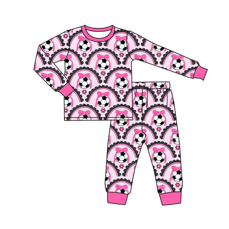Preorder(moq 5) Baby Girls Bows Footballs Checked Top Pants Team Pajamas Sets