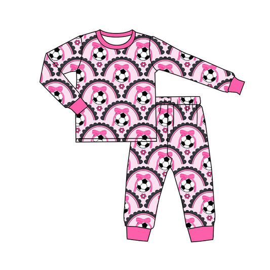 Preorder(moq 5) Baby Girls Bows Footballs Checked Top Pants Team Pajamas Sets