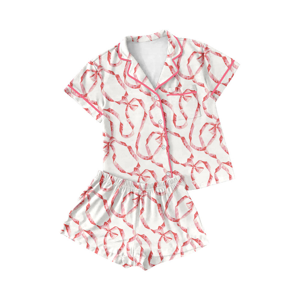 Preorder(moq 5)Adult Women Red Bows Buttons Tee Shirts Shorts Pajamas Sets