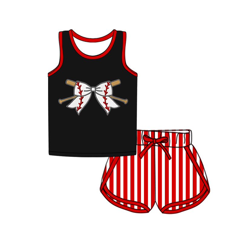 Preorder (moq 5)Baby Girls Black Sleeveless Baseball Top Red Stripe Shorts 4th Of July Sport Clothes Sets