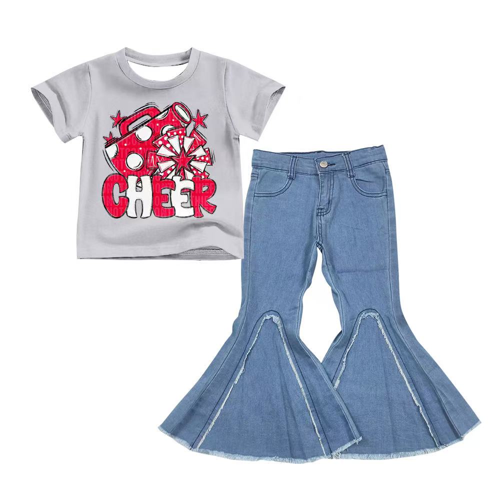 preorder(moq 5) Baby Girls Red White Cheer Team Tee Shirts Tops denim Bell pants sets