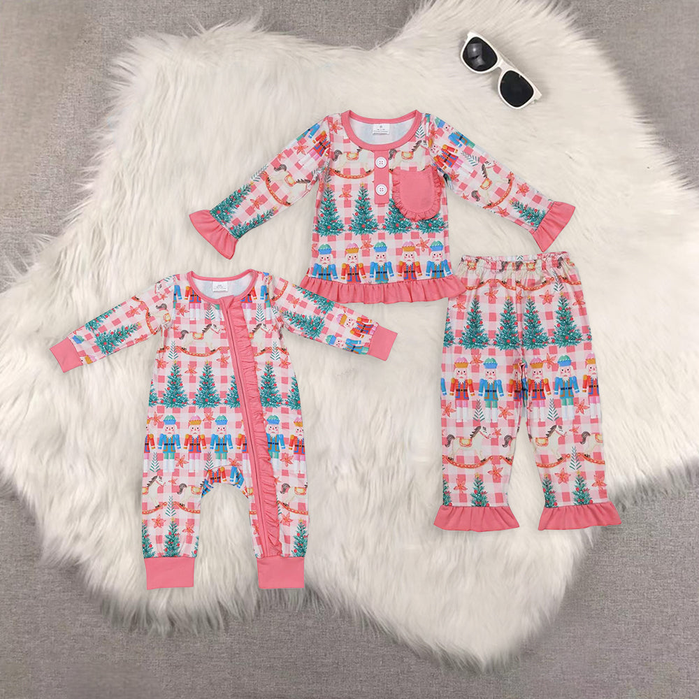 Sibling Baby Girls Pink Christmas Soldier Tree Top Pants Pajamas Clothes Sets Zipper Romper