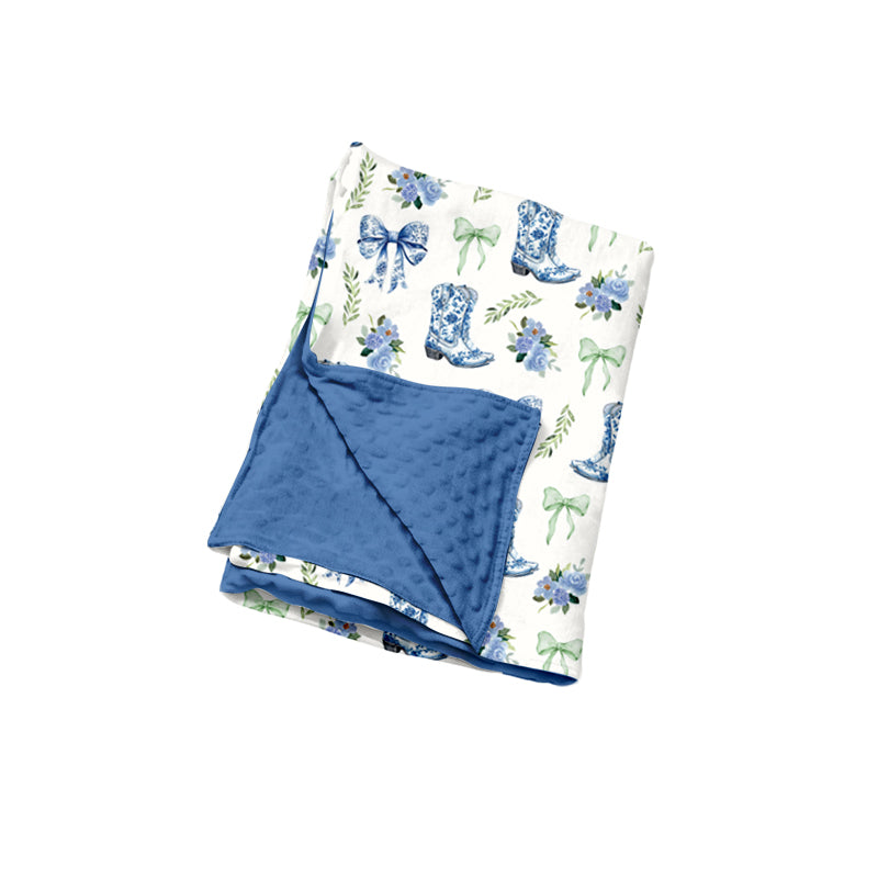Preorder (moq 5) Baby Girl Clothes Blue Cowboy Boot Bow Floral Mixed Print Double Sided Minky Baby Blanket