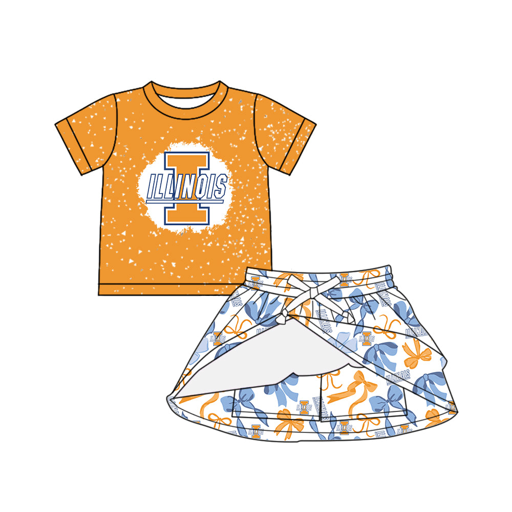 Preorder (moq 5)Baby Girls Orange Short Sleeves T illinois Top Blue Bows Skorts Team Set