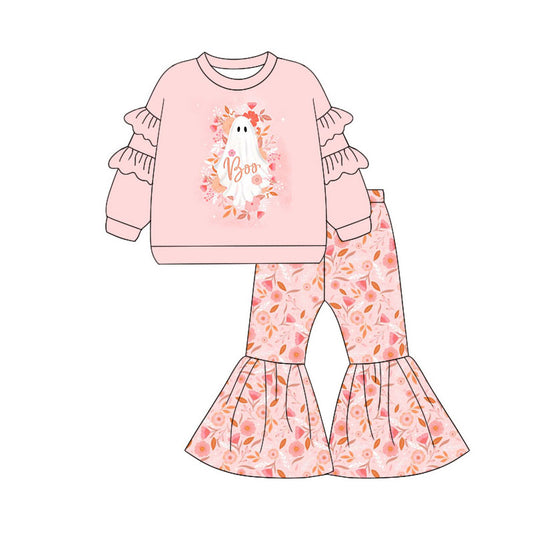 Preorder (moq 5)Baby Girls Ghosts BOO Flowers Top Bell Bottom Pants Halloween Clothes Sets