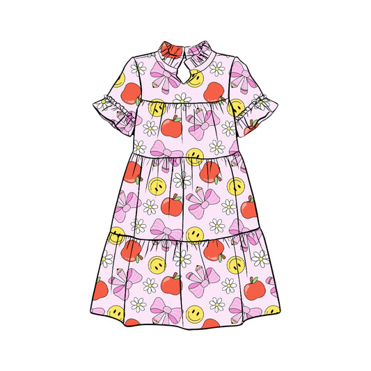 Preorder (moq 5)Baby Girls Apples Bows Flowers Back to School Patchwork Knee Length Dress