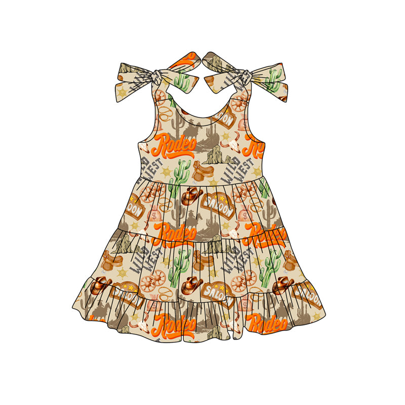 Preorder (moq 5)Baby Girls Khaki Sleeveless Cactus Hats Wild Western Knee Length Dresses