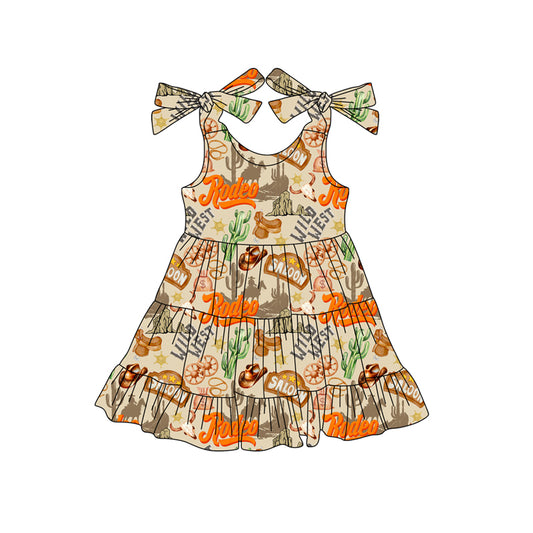 Preorder (moq 5)Baby Girls Khaki Sleeveless Cactus Hats Wild Western Knee Length Dresses