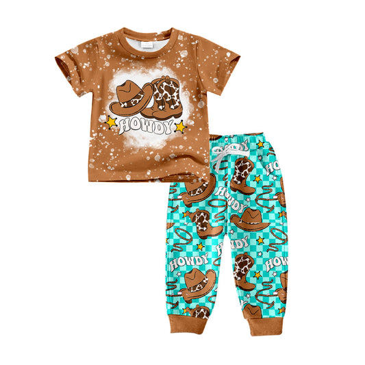 Preorder(moq 8)Baby Boys Hats Boots Howdy Top Bell Bottom Pants Western Clothes Sets