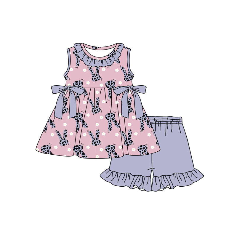 Preorder moq 5 Baby Girls Sleeveless Rabbit Flowers Tunic Ruffle Short Easter Clothes Sets