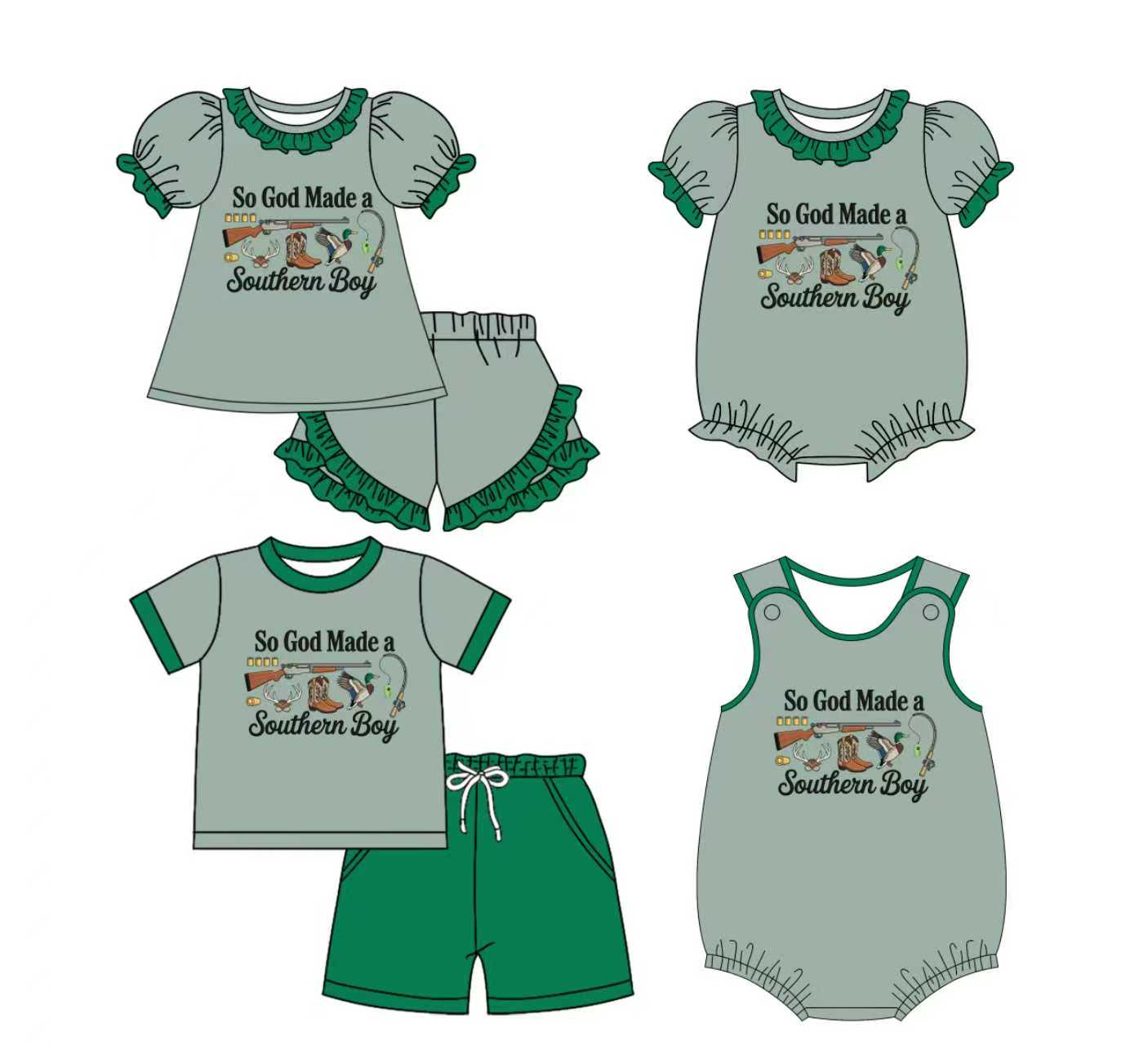 Preorder moq 5 (each item)Baby Kids Boots Ducks Top Shorts Hunting Clothes Sets Rompers