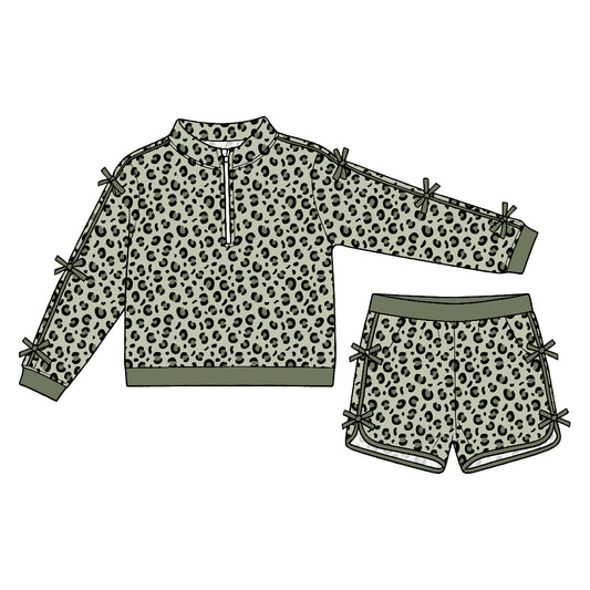 Preorder (moq5) Baby Girls Green Leopard Bows Zip Pullover Pockets Short Clothes Set