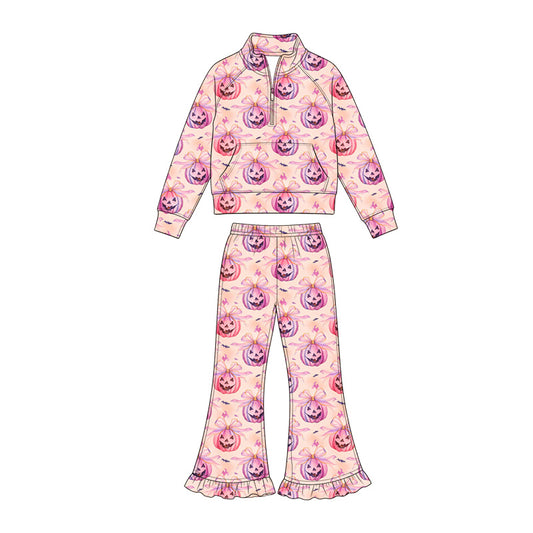 Preorder (moq 5)Baby Girls Bows Ghost Pumpkins Zip Pocket Pullover Top Bell Bottom Pant Halloween Clothes Sets
